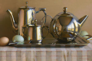 A still life painting by a Duluth MN artist showcases polished metal teapots and a creamer on a tray. Reflections dance on the shiny surfaces while two eggs rest nearby on a checkered cloth, set against a warm beige backdrop.