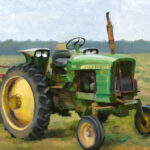 A captivating painting by a Duluth MN artist features a green tractor with yellow wheels parked in a grassy field. The tractor, sporting a tall exhaust pipe and two large headlights, rests under the gaze of trees against a backdrop of a cloudy sky.