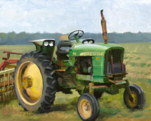 A captivating painting by a Duluth MN artist features a green tractor with yellow wheels parked in a grassy field. The tractor, sporting a tall exhaust pipe and two large headlights, rests under the gaze of trees against a backdrop of a cloudy sky.