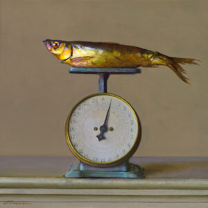 A sardine, captured by a Duluth MN artist, lies on top of an old-fashioned kitchen scale with a round dial, set against a muted background. The scale's needle points slightly to the right, adding intrigue to this minimalist composition.