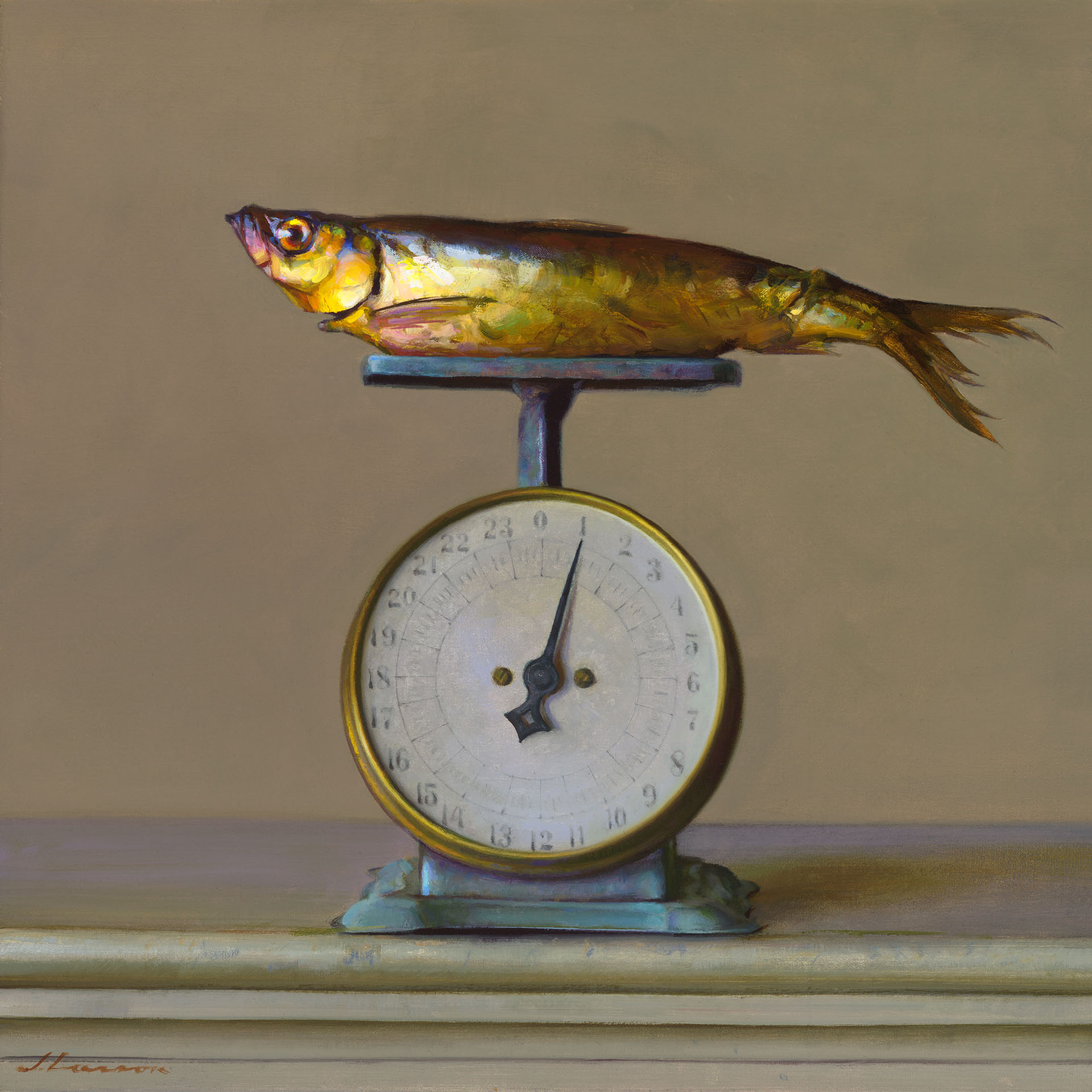 A sardine, captured by a Duluth MN artist, lies on top of an old-fashioned kitchen scale with a round dial, set against a muted background. The scale's needle points slightly to the right, adding intrigue to this minimalist composition.