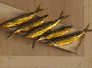 A realistic painting by a Duluth, MN artist features five golden fish arranged on a rectangular platter against a textured beige background. The diagonal placement of the fish creates a sense of harmony and visual interest in the composition.