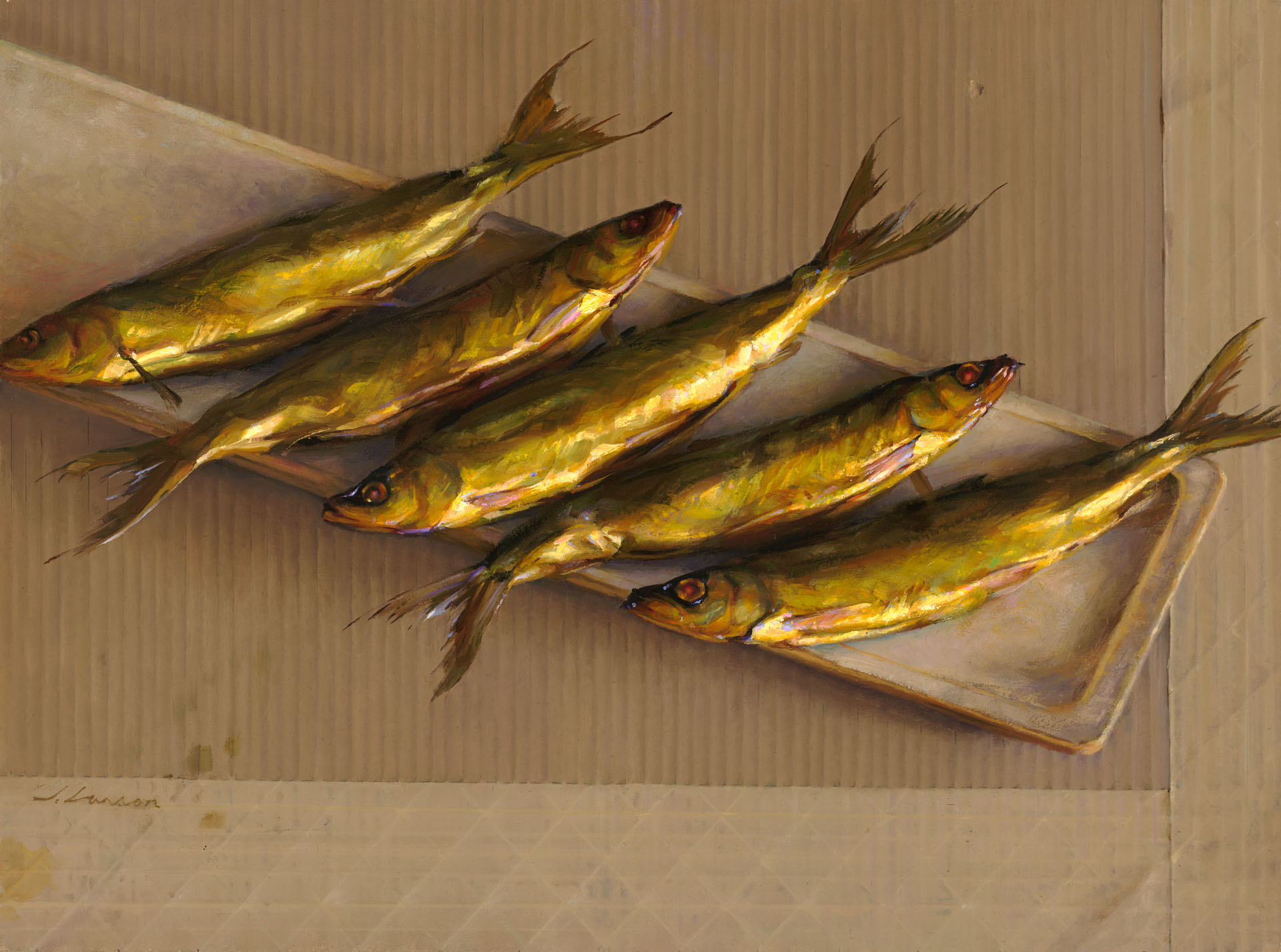 A realistic painting by a Duluth, MN artist features five golden fish arranged on a rectangular platter against a textured beige background. The diagonal placement of the fish creates a sense of harmony and visual interest in the composition.