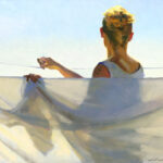 A Duluth MN artist captures the scene where a person with curly blonde hair stands with their back to the viewer, hanging a cloth on a clothesline beneath a clear blue sky. They're wearing a light tank top, and the bright light bathes the entire setting in warmth.