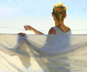 A Duluth MN artist captures the scene where a person with curly blonde hair stands with their back to the viewer, hanging a cloth on a clothesline beneath a clear blue sky. They're wearing a light tank top, and the bright light bathes the entire setting in warmth.