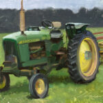 A painted image by a Duluth MN artist features a green tractor with yellow wheels on a grassy field. The background shows a blurry forest under a blue sky. The realistic style and visible brushstrokes capture the essence of this rural scene beautifully.