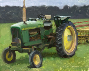 A painted image by a Duluth MN artist features a green tractor with yellow wheels on a grassy field. The background shows a blurry forest under a blue sky. The realistic style and visible brushstrokes capture the essence of this rural scene beautifully.