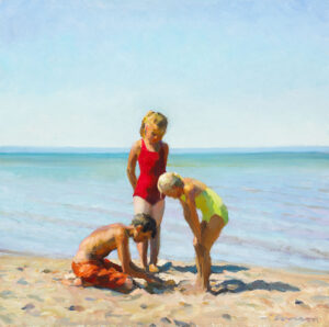 Three children on a beach, wearing bright swimwear crafted in the vivid style of a Duluth MN artist. One child in red stands, another in yellow leans forward, and the third in orange kneels, digging in the sand. The sea stretches out behind them under a clear blue sky.