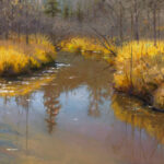 A serene landscape painting by a Duluth, MN artist depicts a calm river flowing through a forest. Yellow autumn foliage lines the riverbank, and bare trees are reflected in the water. The scene is tranquil and captures the essence of fall.