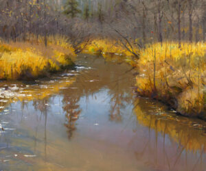 A serene landscape painting by a Duluth, MN artist depicts a calm river flowing through a forest. Yellow autumn foliage lines the riverbank, and bare trees are reflected in the water. The scene is tranquil and captures the essence of fall.