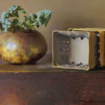 A painting by a Duluth MN artist features a small, leafy plant sprouting from a potato on a wooden surface. Beside it sits a stack of empty square flowerpots. The background is a muted brown hue, adding depth to this intriguing composition.