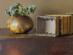 A painting by a Duluth MN artist features a small, leafy plant sprouting from a potato on a wooden surface. Beside it sits a stack of empty square flowerpots. The background is a muted brown hue, adding depth to this intriguing composition.