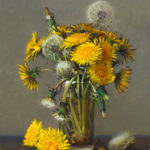 A still life painting by a Duluth MN artist features a glass vase holding yellow dandelions and fluffy seed heads, with a few flowers scattered on a table. The muted gray-brown background exquisitely highlights the vibrant yellow blooms.