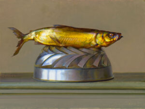 A realistic painting by a Duluth MN artist depicts a golden fish lying horizontally on a silver, spiral-patterned base. The background is a muted, pale color, emphasizing the fish's vibrant hues.