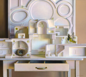 A still life scene by a Duluth MN artist features various white geometric foam structures arranged on a table. A bird, in motion, approaches a nest with blue eggs resting inside an open drawer, while two moths perch delicately on the foam.