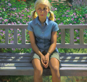 A painting by a Duluth MN artist captures a young girl with blonde pigtails sitting on a bench. She wears a light blue shirt and green shorts, surrounded by lush greenery and blooming pink flowers.