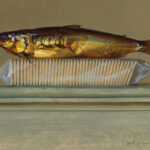 A realistic painting by a Duluth MN artist captures a shiny fish resting atop a rectangular slab of butter, set against a plain background on a flat surface.