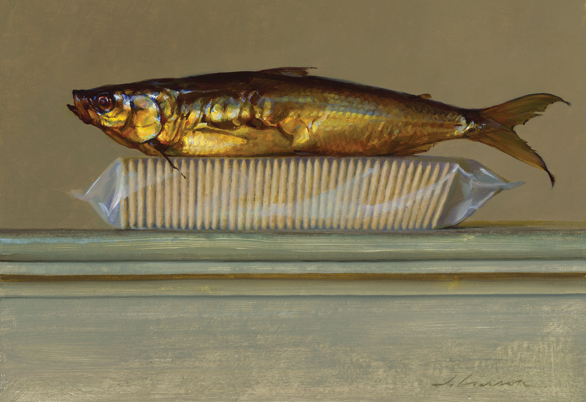 A realistic painting by a Duluth MN artist captures a shiny fish resting atop a rectangular slab of butter, set against a plain background on a flat surface.