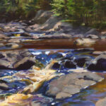 A picturesque painting by a talented Duluth MN artist captures a rocky stream surrounded by lush greenery. Sunlight filters through the trees, creating dappled reflections on the water and rocks. The scene evokes a sense of tranquility and natural beauty.