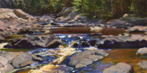 A picturesque painting by a talented Duluth MN artist captures a rocky stream surrounded by lush greenery. Sunlight filters through the trees, creating dappled reflections on the water and rocks. The scene evokes a sense of tranquility and natural beauty.