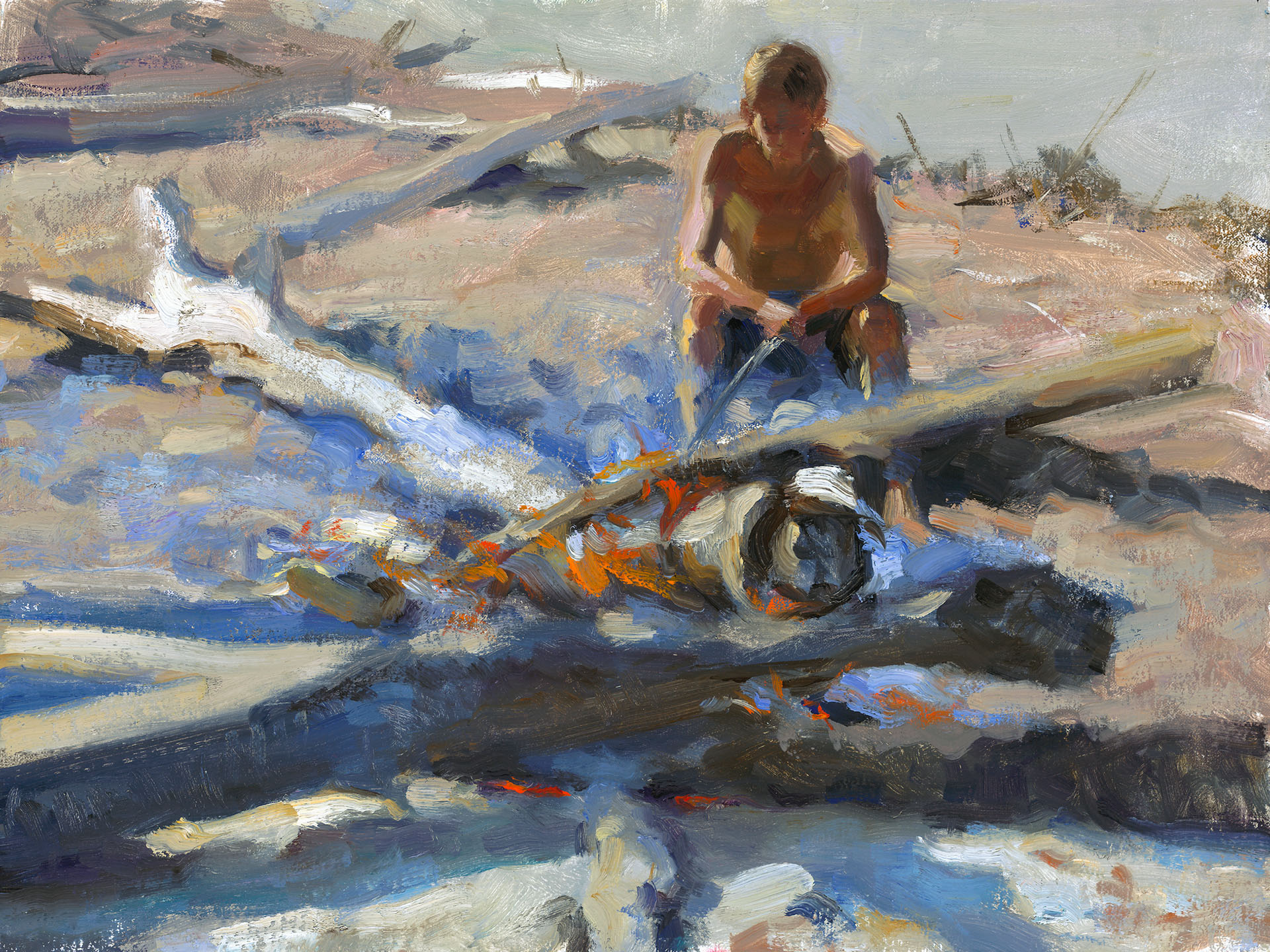 A Duluth MN artist captures a person on the beach, wearing a sleeveless shirt and shorts, using a saw to cut driftwood. The scene, painted in an impressionistic style with natural colors and bold brushstrokes, reflects the serene yet rugged atmosphere of Lake Superior's shores.