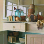 A vintage kitchen scene unfolds, crafted by a Duluth MN artist, with stacked terra cotta pots, a ball of twine, gloves, and old jars adorned by a butterfly. The window's reflections dance across the surfaces, capturing rustic charm effortlessly.
