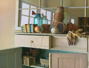 A vintage kitchen scene unfolds, crafted by a Duluth MN artist, with stacked terra cotta pots, a ball of twine, gloves, and old jars adorned by a butterfly. The window's reflections dance across the surfaces, capturing rustic charm effortlessly.