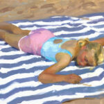 A Duluth MN artist captures a young girl in a pastel swimsuit lying face down on a striped beach towel. Her blonde hair glistens as she sunbathes on the sandy beach, surrounded by warm tones and soft brushstrokes that evoke serenity.