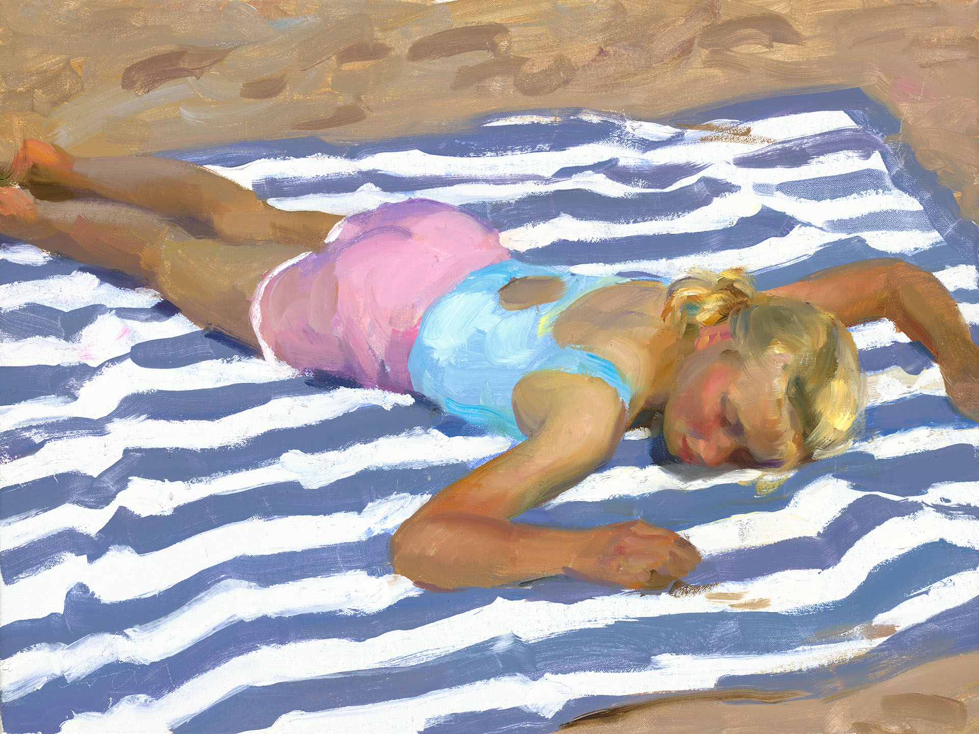 A Duluth MN artist captures a young girl in a pastel swimsuit lying face down on a striped beach towel. Her blonde hair glistens as she sunbathes on the sandy beach, surrounded by warm tones and soft brushstrokes that evoke serenity.