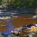 A serene landscape painting by a Duluth MN artist depicts a forest stream cascading over rocks. Sunlight glimmers on the water, creating bright reflections. The scene is surrounded by lush green foliage and dense trees, evoking a peaceful, natural atmosphere.