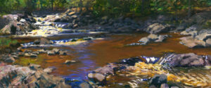 A serene landscape painting by a Duluth MN artist depicts a forest stream cascading over rocks. Sunlight glimmers on the water, creating bright reflections. The scene is surrounded by lush green foliage and dense trees, evoking a peaceful, natural atmosphere.