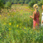 Two women stand in a sunlit meadow filled with green plants and yellow flowers, reminiscent of a Duluth MN artist's landscape. One wears a pink dress, and the other dons white. They appear to be in conversation, surrounded by lush greenery and distant trees.