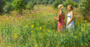 Two women stand in a sunlit meadow filled with green plants and yellow flowers, reminiscent of a Duluth MN artist's landscape. One wears a pink dress, and the other dons white. They appear to be in conversation, surrounded by lush greenery and distant trees.