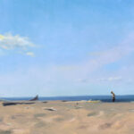 A serene beach scene near Duluth, MN, with a clear blue sky and driftwood scattered on the sand. A solitary person stands at the shoreline, gazing into the distance, capturing the peaceful and contemplative atmosphere that a local artist might depict in their work.