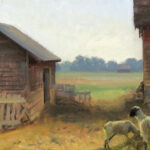A rustic countryside scene by a Duluth MN artist captures sheep near a wooden barn and another structure. Open fields and distant trees lie under a light blue sky, illustrating pastoral life in warm, earthy tones.