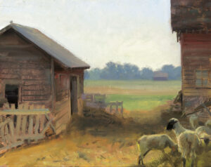 A rustic countryside scene by a Duluth MN artist captures sheep near a wooden barn and another structure. Open fields and distant trees lie under a light blue sky, illustrating pastoral life in warm, earthy tones.