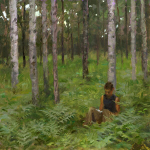 A person sits against a tree in a lush forest near Duluth, MN, with green ferns covering the ground. Tall trees surround the figure, and sunlight filters through the leaves, crafting a dappled pattern on the floor—a scene worthy of an artist's brushstroke.