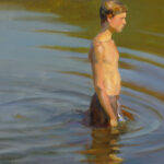 Crafted by a talented Duluth MN artist, this painting captures a young person with short hair standing in knee-deep water. The reflective hues of green and blue envelop their contemplative expression as they gaze sideways, perfectly embodying the serenity of nature.