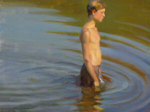 Crafted by a talented Duluth MN artist, this painting captures a young person with short hair standing in knee-deep water. The reflective hues of green and blue envelop their contemplative expression as they gaze sideways, perfectly embodying the serenity of nature.
