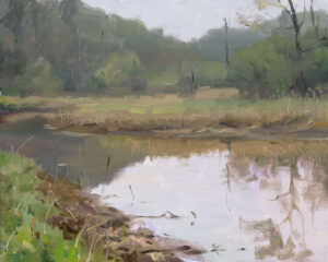 A serene landscape painting by a Duluth MN artist depicts a calm river reflecting the surrounding greenery and soft gray sky. The foreground features lush grass and reeds, while trees line the riverbank, creating a tranquil and natural scene.