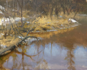 A serene winter landscape painted by a Duluth MN artist features a partially frozen river reflecting the bare trees and cloudy sky. Yellow-brown grasses and snow patches line the riverbank, creating a quiet, tranquil atmosphere.