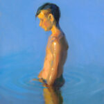 A painting by a Duluth MN artist portrays a young person standing waist-deep in water, facing left. The individual, with short hair, is depicted using soft brushstrokes in warm tones against a clear blue background, capturing the serene ambiance of a sunny day.