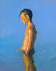 A painting by a Duluth MN artist portrays a young person standing waist-deep in water, facing left. The individual, with short hair, is depicted using soft brushstrokes in warm tones against a clear blue background, capturing the serene ambiance of a sunny day.