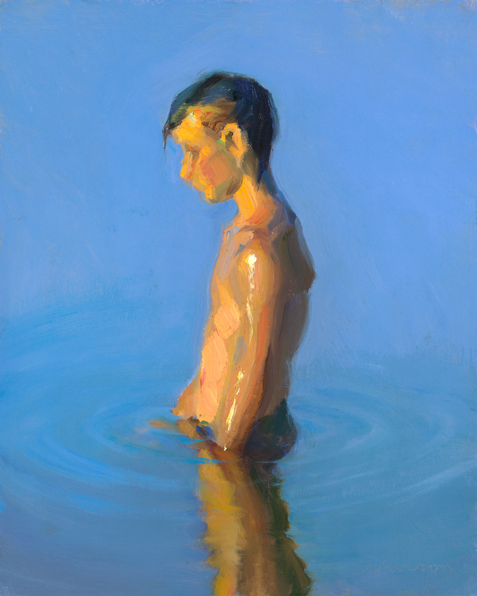 A painting by a Duluth MN artist portrays a young person standing waist-deep in water, facing left. The individual, with short hair, is depicted using soft brushstrokes in warm tones against a clear blue background, capturing the serene ambiance of a sunny day.