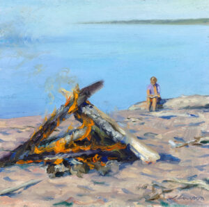 A painting by a Duluth MN artist captures a beach scene with a campfire flickering on the sand. Nearby, a person sits, eyes resting on the tranquil blue water beneath the clear sky.