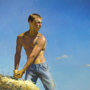 A shirtless man in jeans, reminiscent of a Duluth MN artist, leans on a stack of hay under a clear blue sky, looking into the distance.