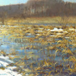A serene winter landscape by a Duluth MN artist depicts a marsh with patches of snow and dried grasses. The water reflects the blue sky, while a line of bare trees marks the horizon, creating a peaceful, chilly atmosphere.