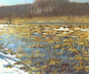 A serene winter landscape by a Duluth MN artist depicts a marsh with patches of snow and dried grasses. The water reflects the blue sky, while a line of bare trees marks the horizon, creating a peaceful, chilly atmosphere.