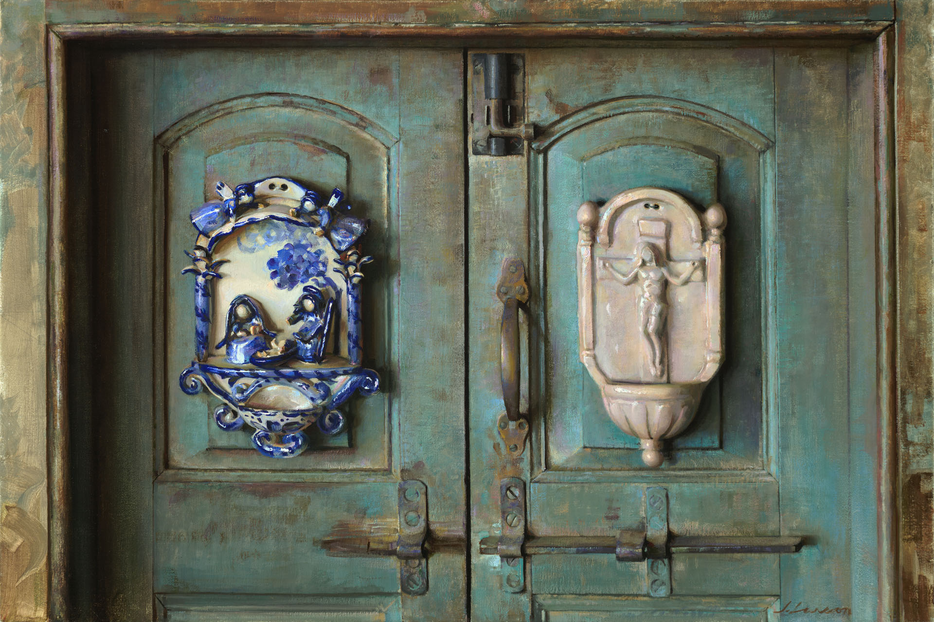 A rustic green door, crafted by a talented Duluth MN artist, features two ornate decorations: a blue and white ceramic plaque on the left, depicting a scene with figures, and a beige bas-relief on the right, showcasing a crucifix design.