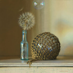 A Duluth MN artist captures a still life painting of a delicate dandelion in a blue glass bottle beside a large fishing float encased in a net, resting on a weathered tabletop. Above, a single floating bubble catches the light.